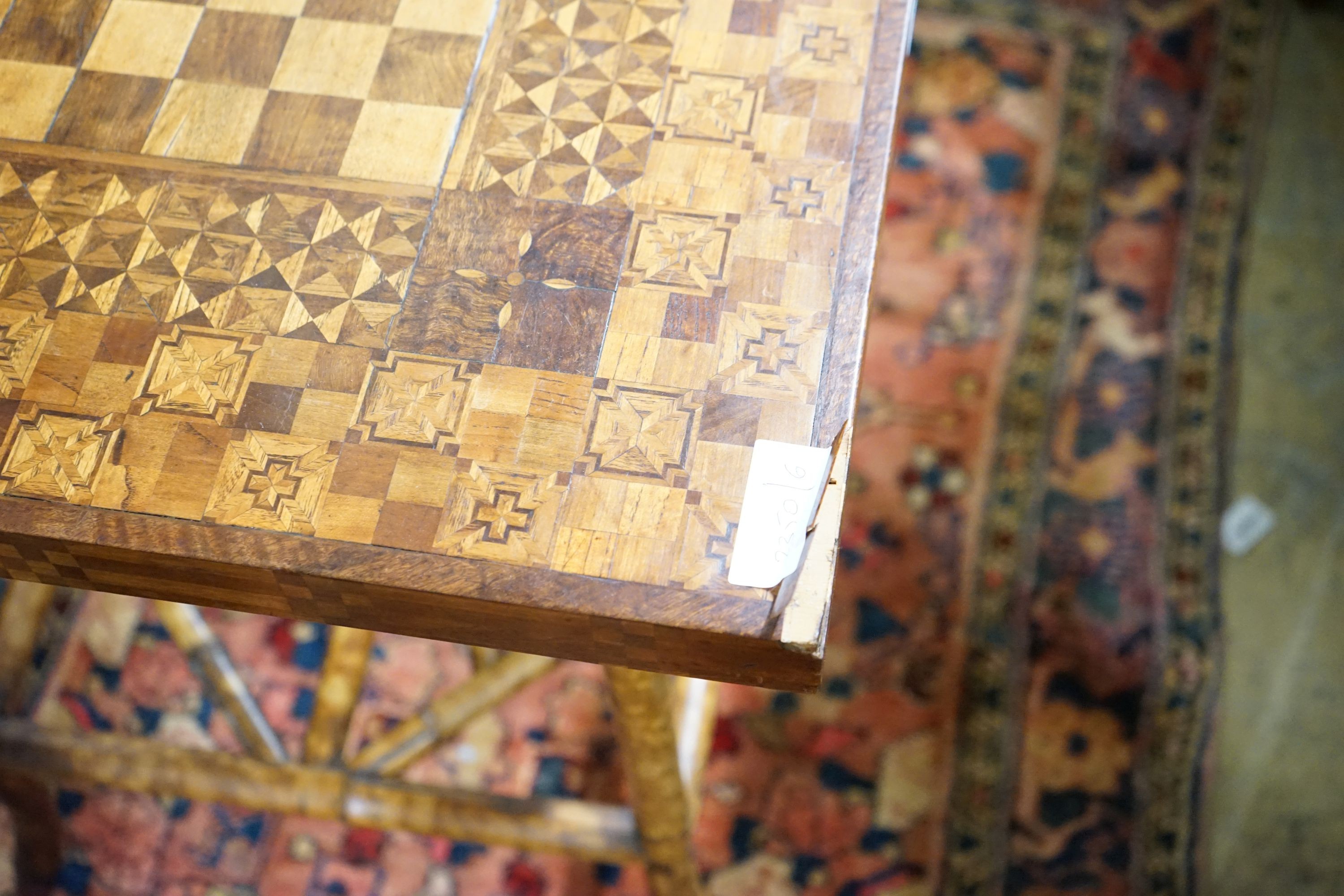 A Victorian bamboo parquetry topped games table, width 59cm, depth 59cm, height 69cm